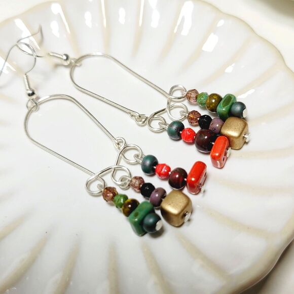 artisan earrings 669#mfs Czech glass fringe boho earrings green multicolor mix g - Picture 3 of 5